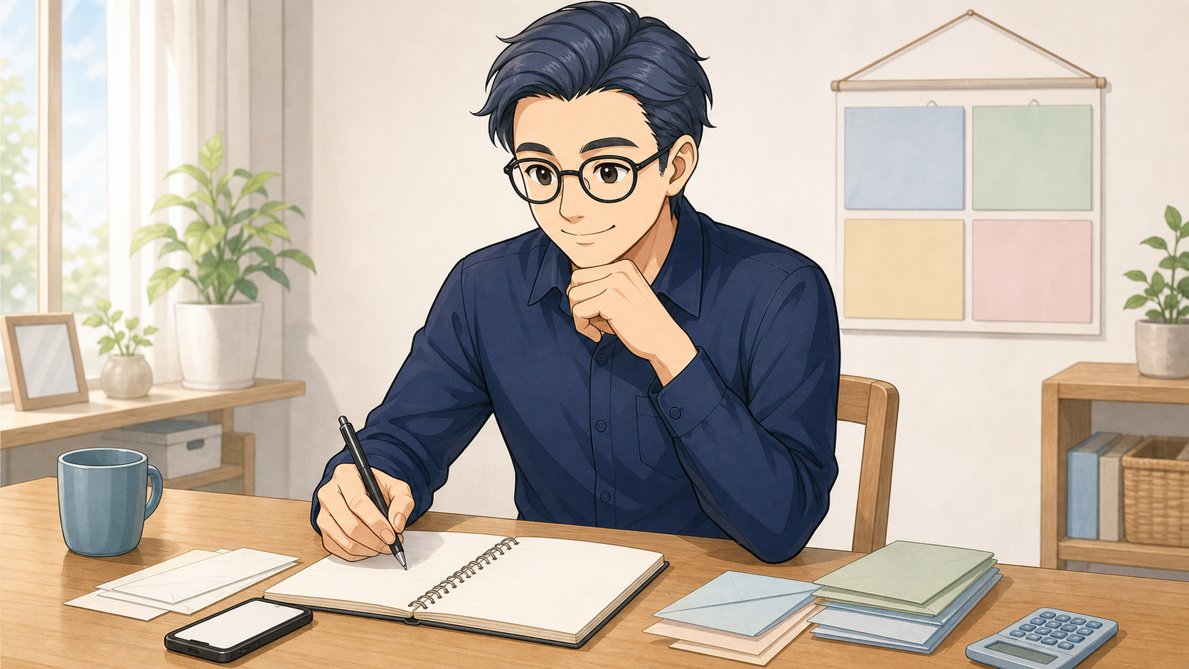 家計の予定を見ながら積立日を考える眼鏡の男性