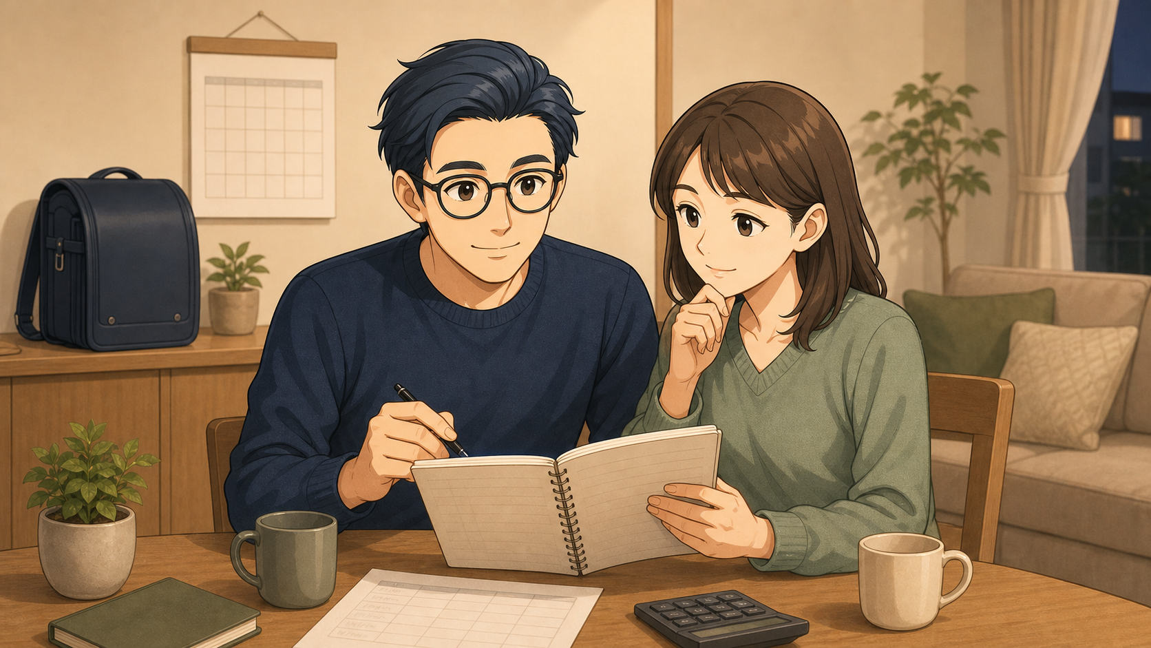 家計簿を見ながら教育費などの支出を確認する夫婦