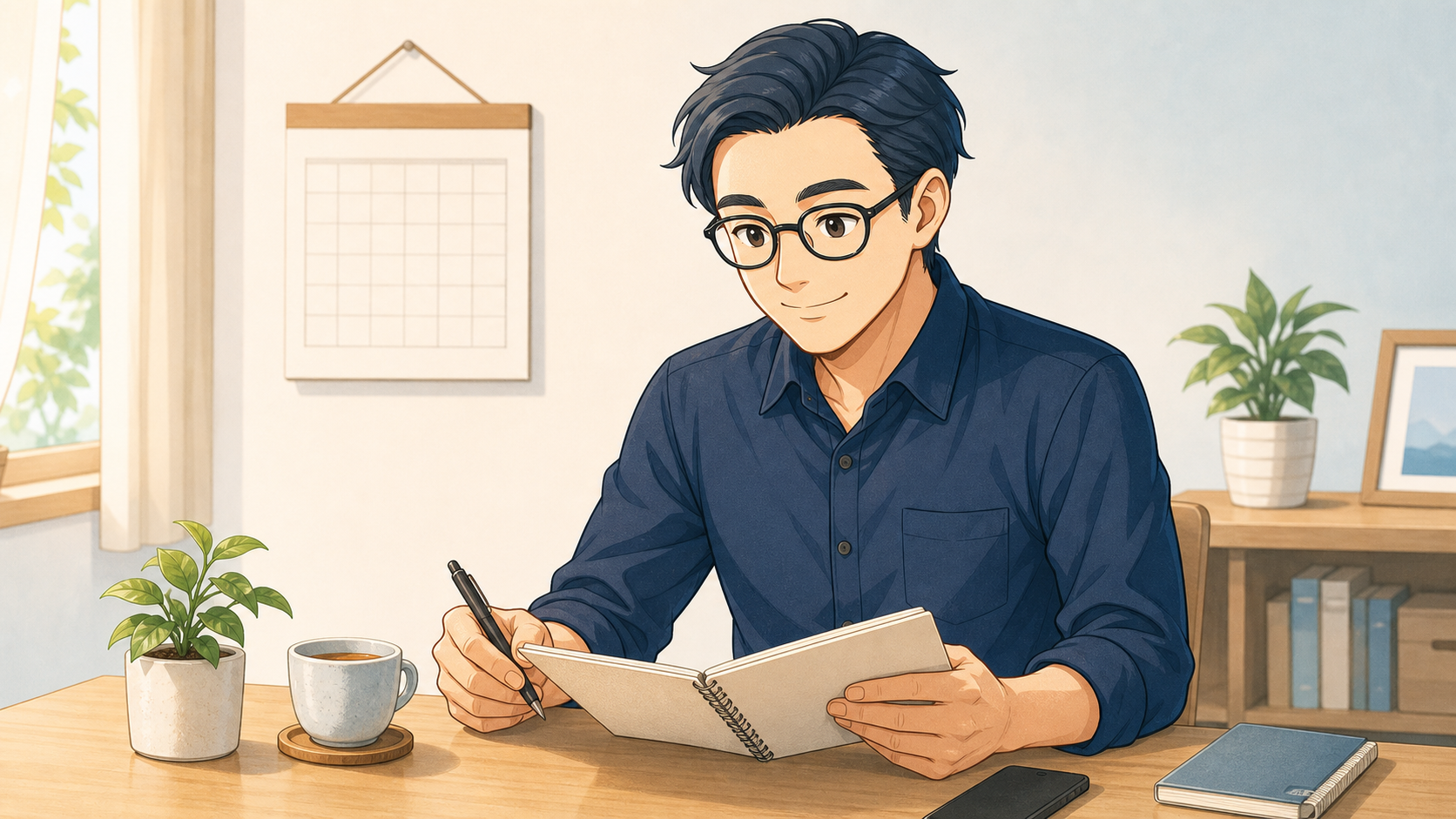 手帳を見ながら家計と積立額を定期確認する眼鏡の男性