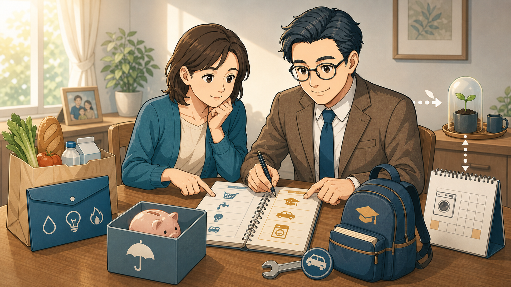 夫婦が生活費、教育費、車検費用を投資資金と分けるイラスト