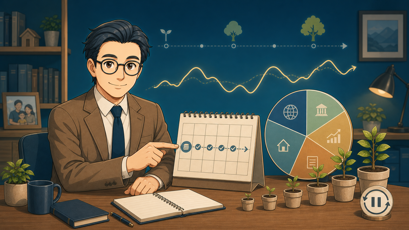 BC父さんが新NISAの自動積立と長期分散を確認するイラスト