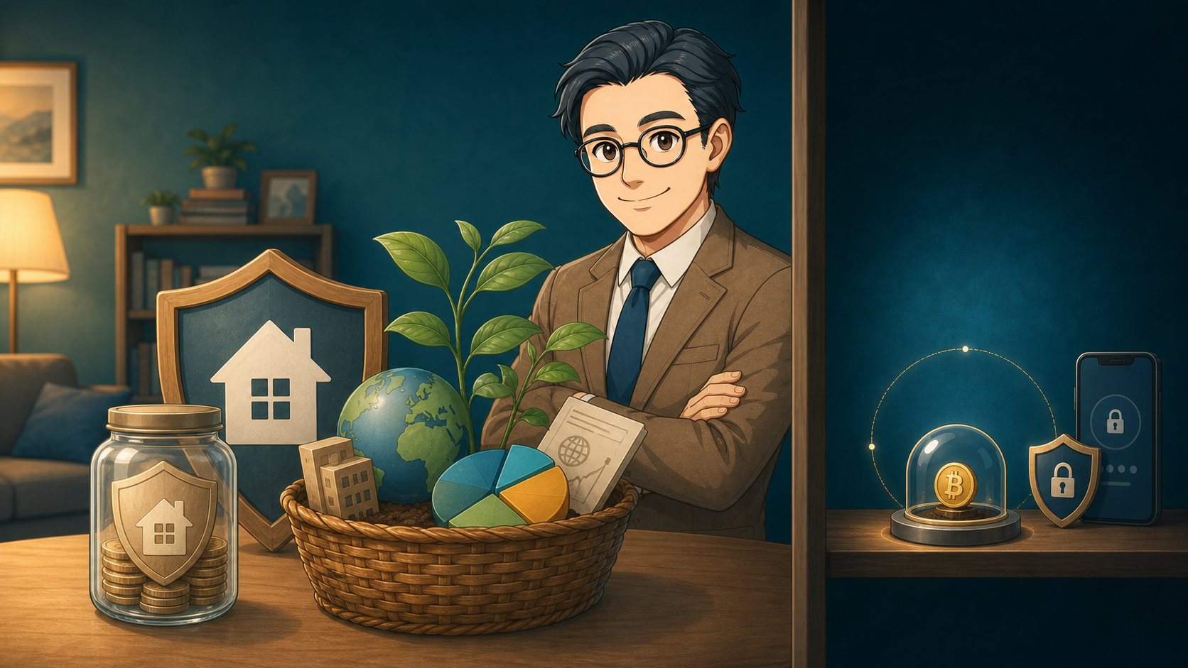 家計と新NISAを優先し暗号資産を小さな余裕資金枠で管理するイラスト