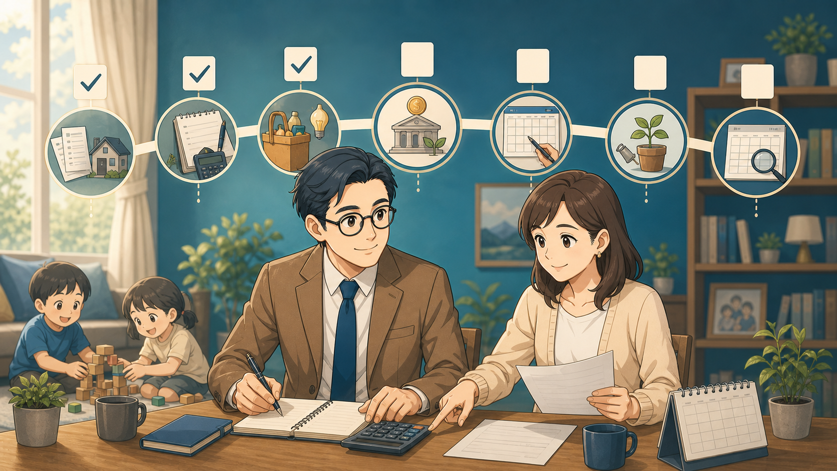夫婦が7日間の資産形成チェックリストを進めるイラスト